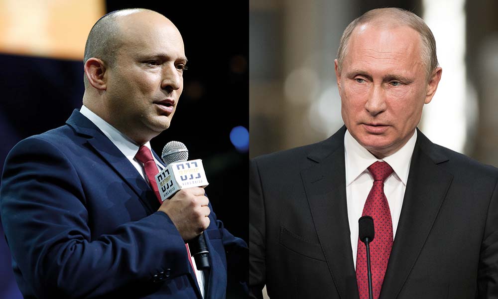 Naftali Bennett, premiê israelense (esquerda) e Vladimir Putin, presidente da Rússia.