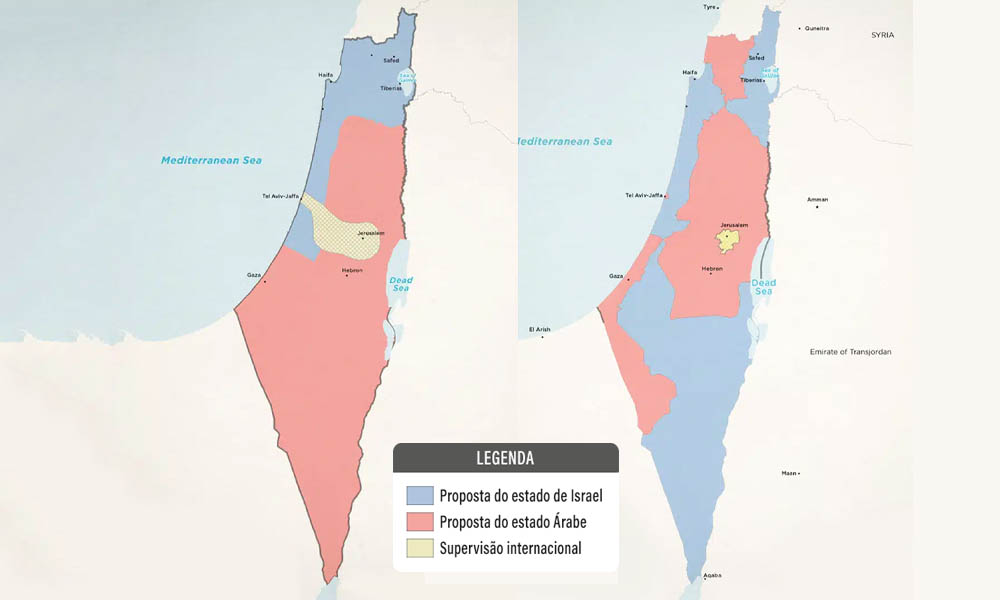 Departamento cartográfico do exército israelense. O plano de partilha britânico (à esquerda) previa para os judeus uma área bem menor (em azul) que o plano de partilha da ONU em 1947.