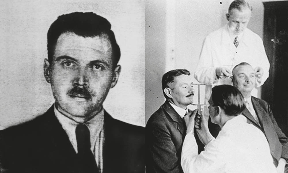 Josef Mengele, o "Anjo da Morte" (esquerda), e Otmar von Verschuer (direita atrás) supervisionando um estudo antropométrico de hereditariedade. Fotos: wikipedia.com